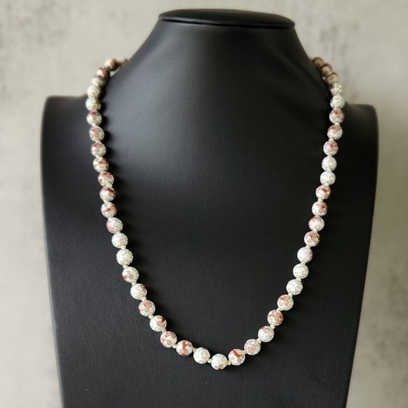 Vintage Chinese Cloisonne White Pink Floral Beaded Necklace Hand Knotted 2" - Picture 7 of 7